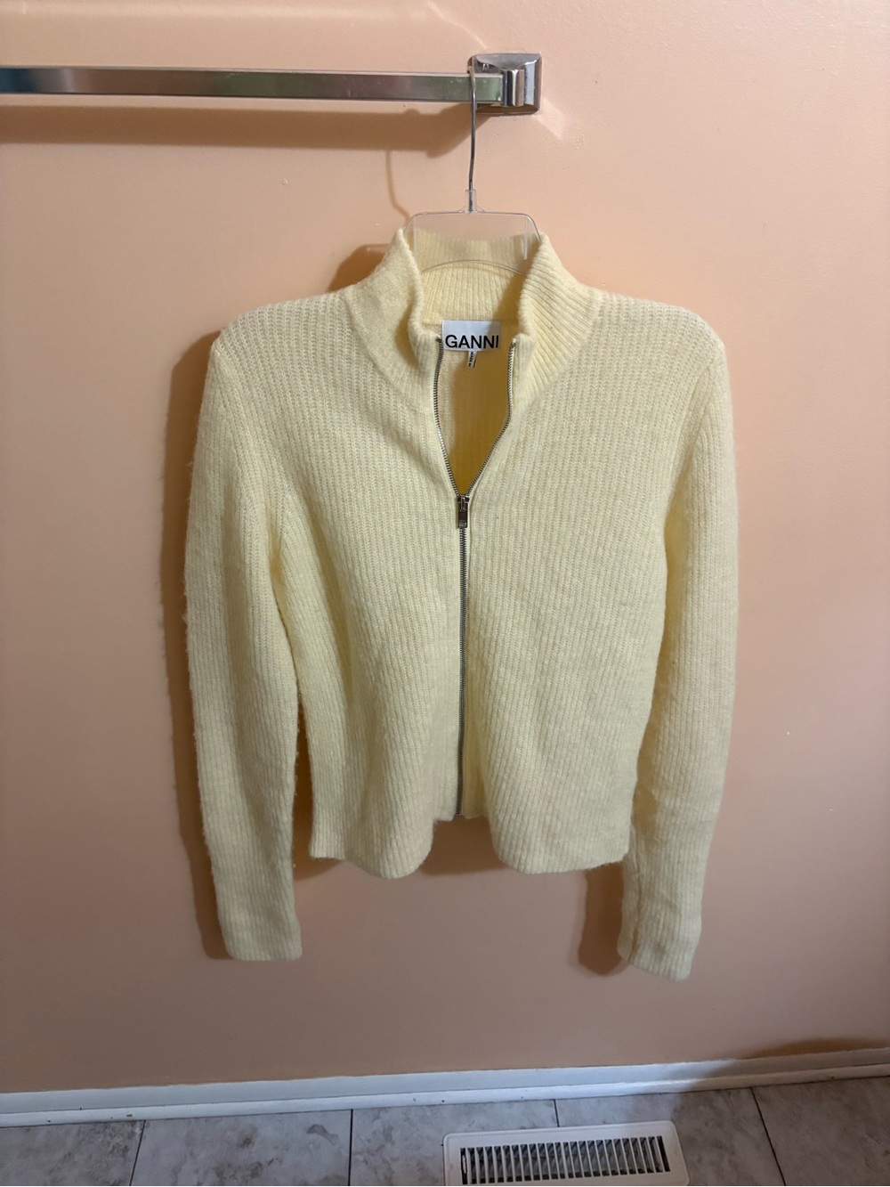 Ganni yellow alpaca wool blend zip-up sweater